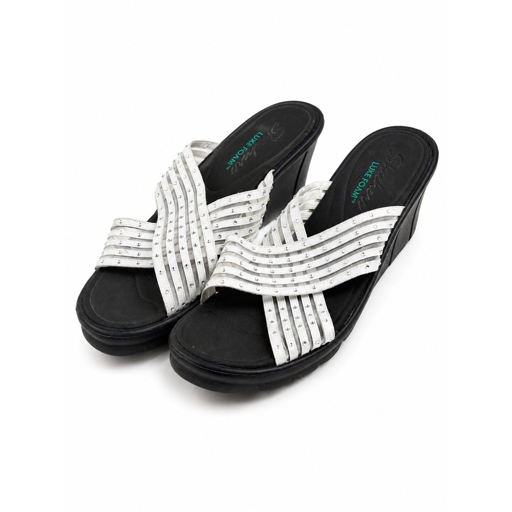 Skechers Luxe White Rhinestone Crisscross Wedge Sandals Women's Size 9-9.5